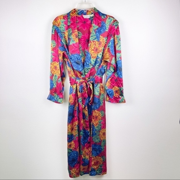 Vintage Beth Michaels Satin Floral Red Blue Green Bold Kimono Robe Size M/L - Picture 1 of 6